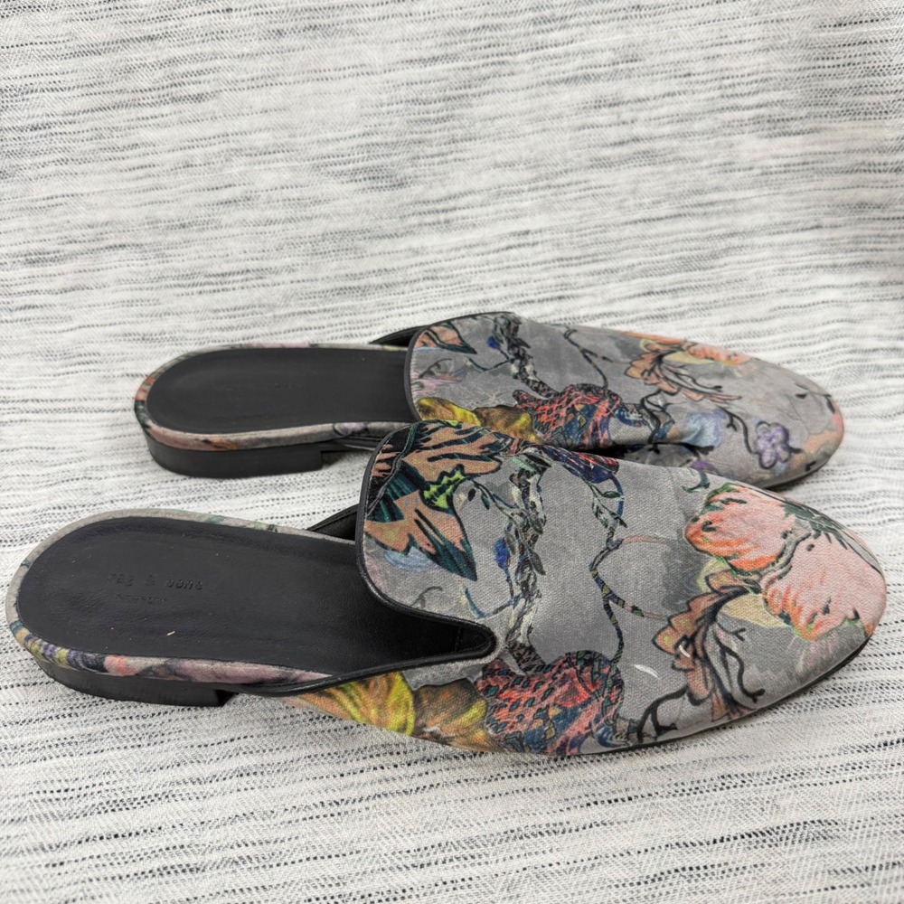 Rag & Bone Savoy Gray Velvet Floral Mules 8.5 Slides Artsy Whimsical Whimsigoth